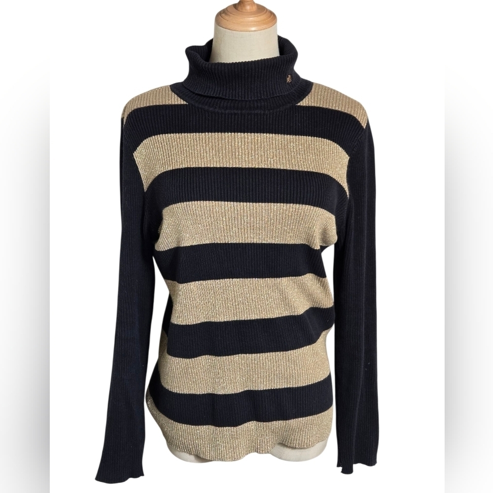 Ralph Lauren Black And Gold Striped Turtleneck Sweater